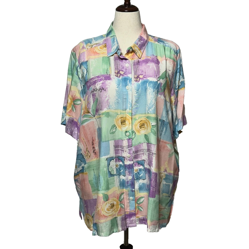 Alfred Dunner Top Women 24W Blue Purple Floral Button Up Short Sleeve Beachy NWT